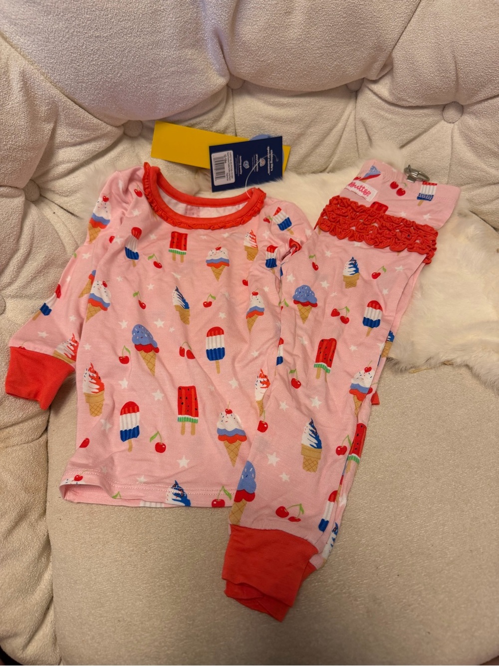 Ruffle Butts Pink Ice Cream & Popsicle Pajama Set with Red Trim
